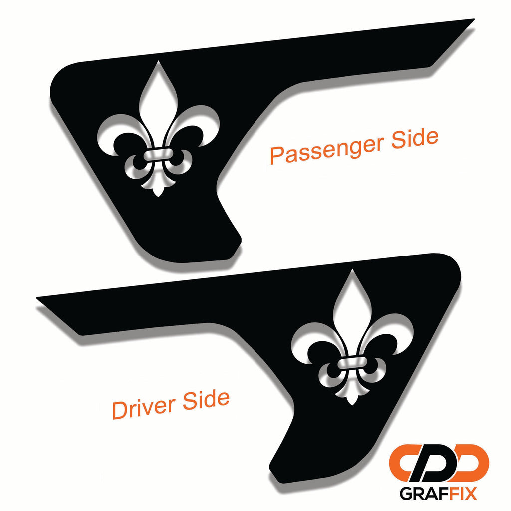Black Jeep JL fender vent decals with white fleur de lis cutouts shown as driver and passenger pair