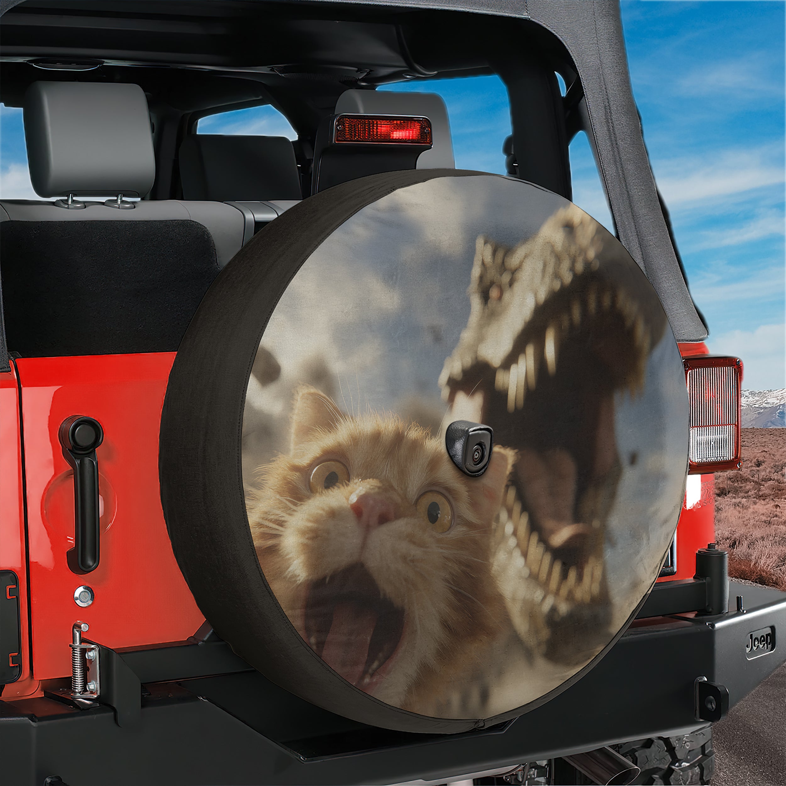 Funny Cat Chased By T-Rex Spare Tire Cover