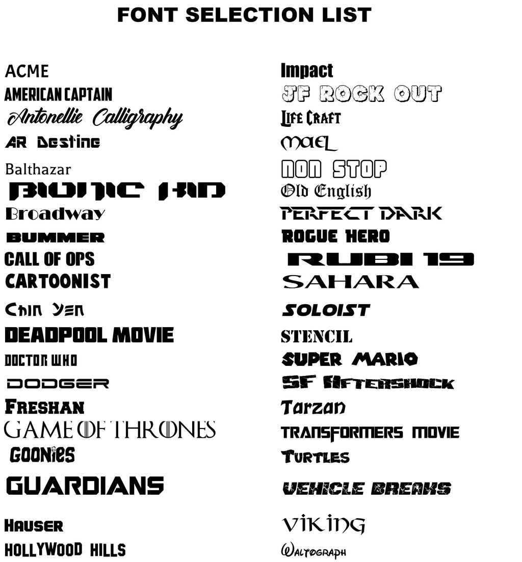 Font selection chart showing typeface options for custom text Jeep Wrangler hood lettering decals
