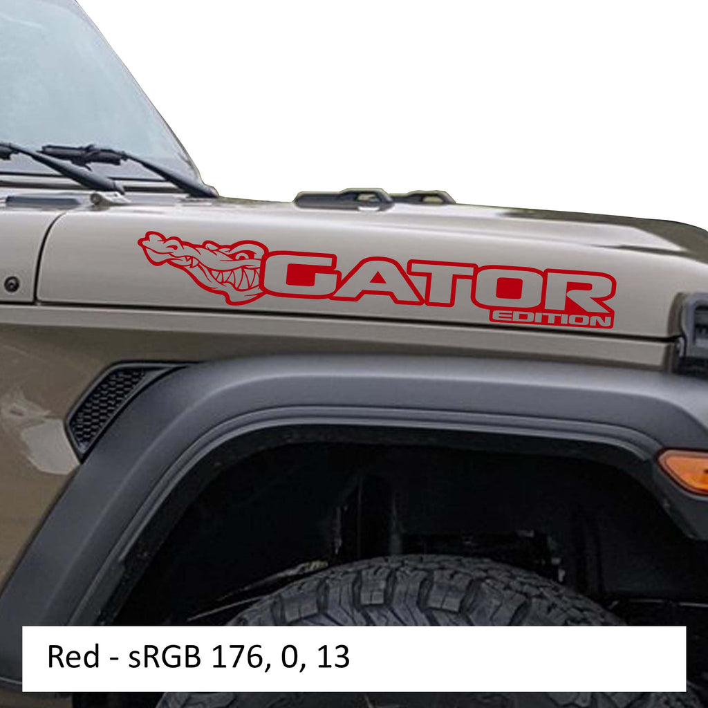 Gator Edition Jeep hood decal pair rendered in true red vinyl on a clean white promotional backdrop image