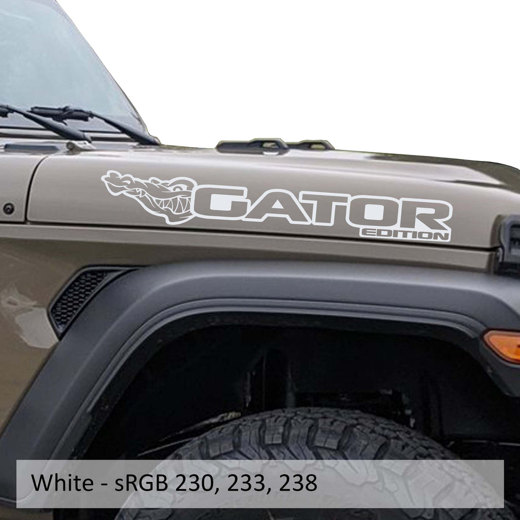 Gator Edition Jeep hood decal pair shown in bright white vinyl on a clean studio photo backdrop sample