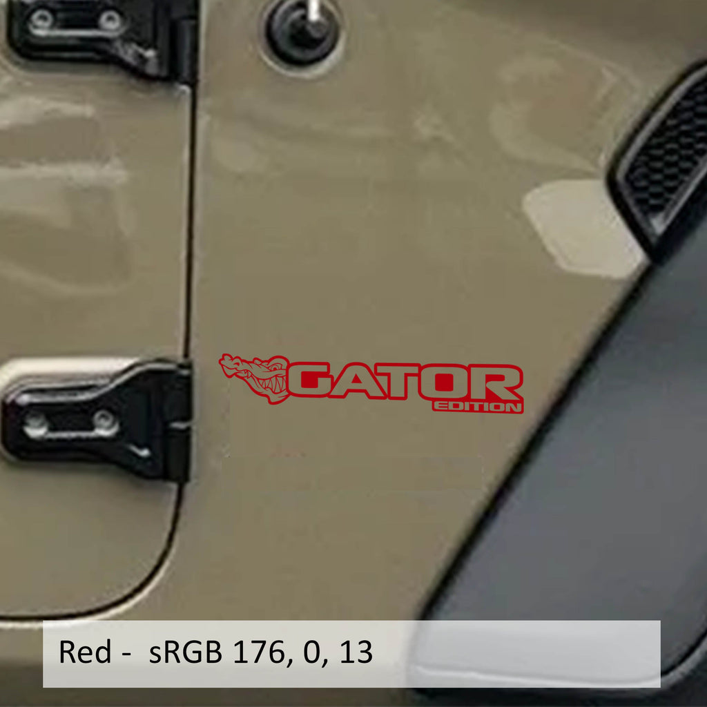 Gator Edition Wrangler JL Gladiator JT fender decal pair pictured in bright red vinyl finish swatch