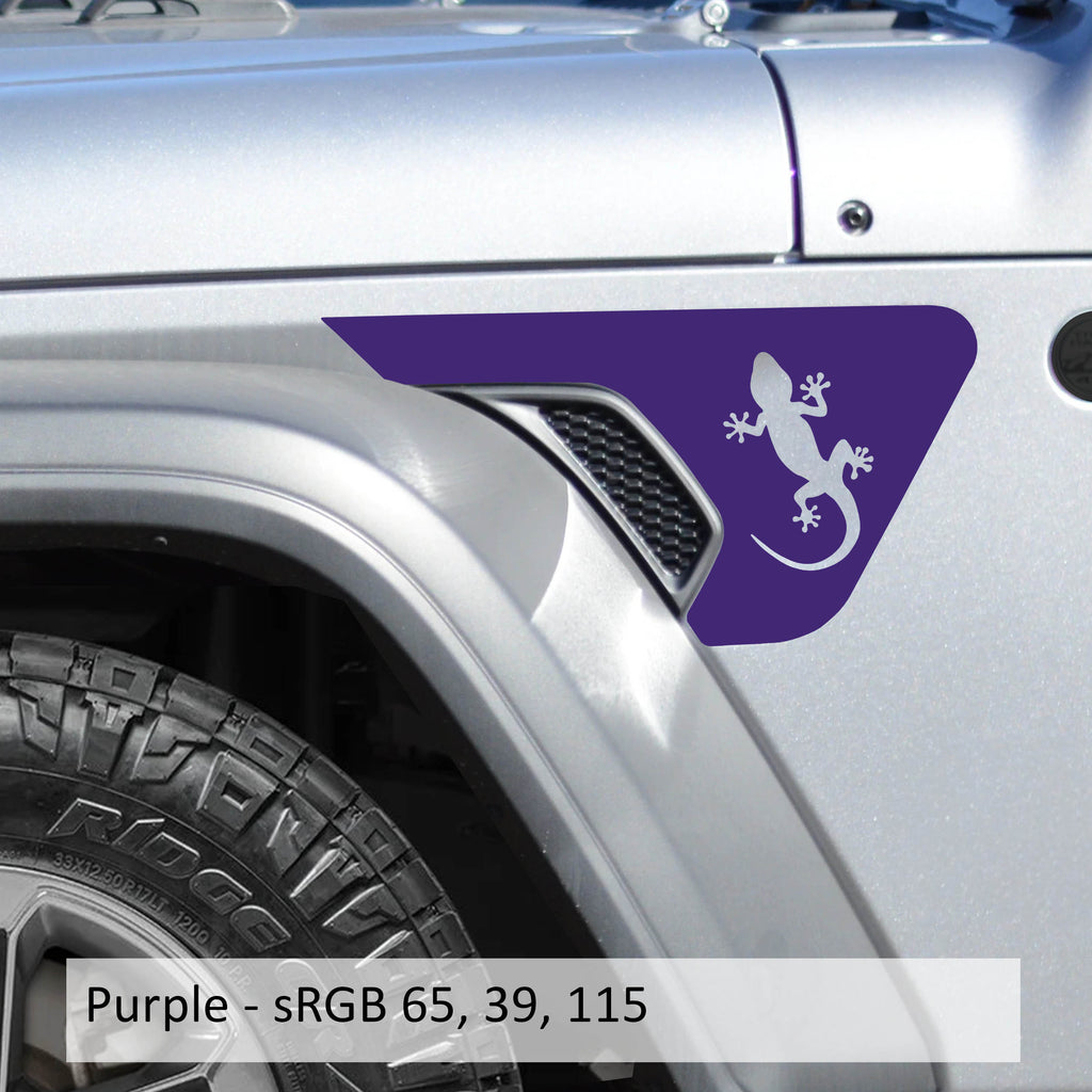 Purple gecko lizard fender vent decal pair shown flat for Jeep Wrangler JL JLU and Gladiator JT