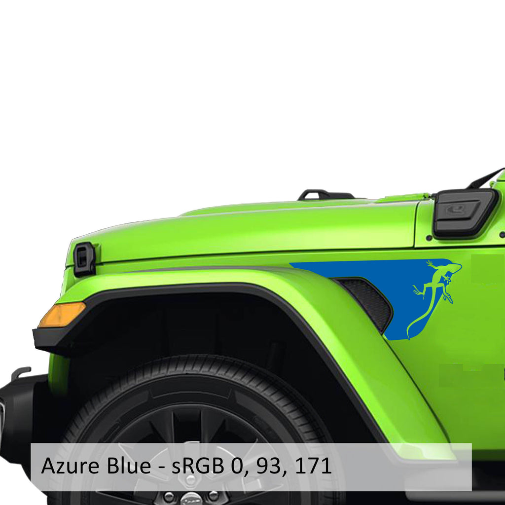 Azure blue climbing gecko pair fender vent blackout decal on Jeep JL JT billet vent inserts