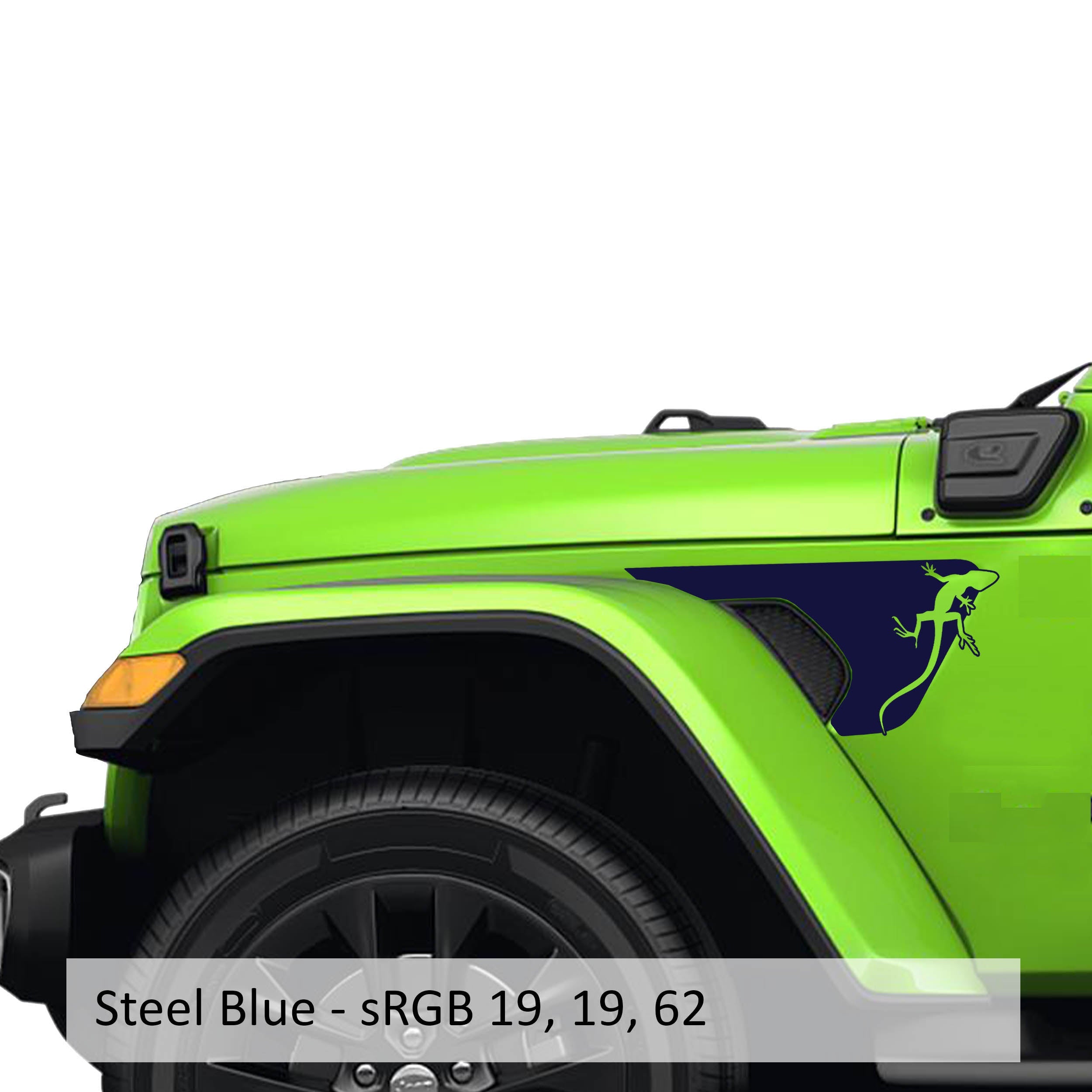 Steel blue climbing gecko pair fender vent blackout decal on Jeep JL JT billet vent inserts
