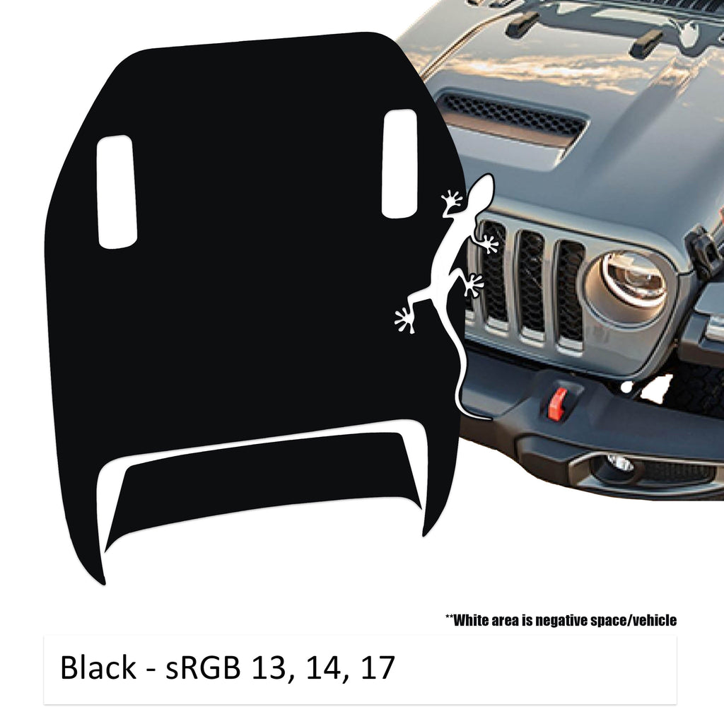 Black Crawling Gecko Lizard Clawed Foot JL JT Mojave hood decal on Jeep Wrangler hood