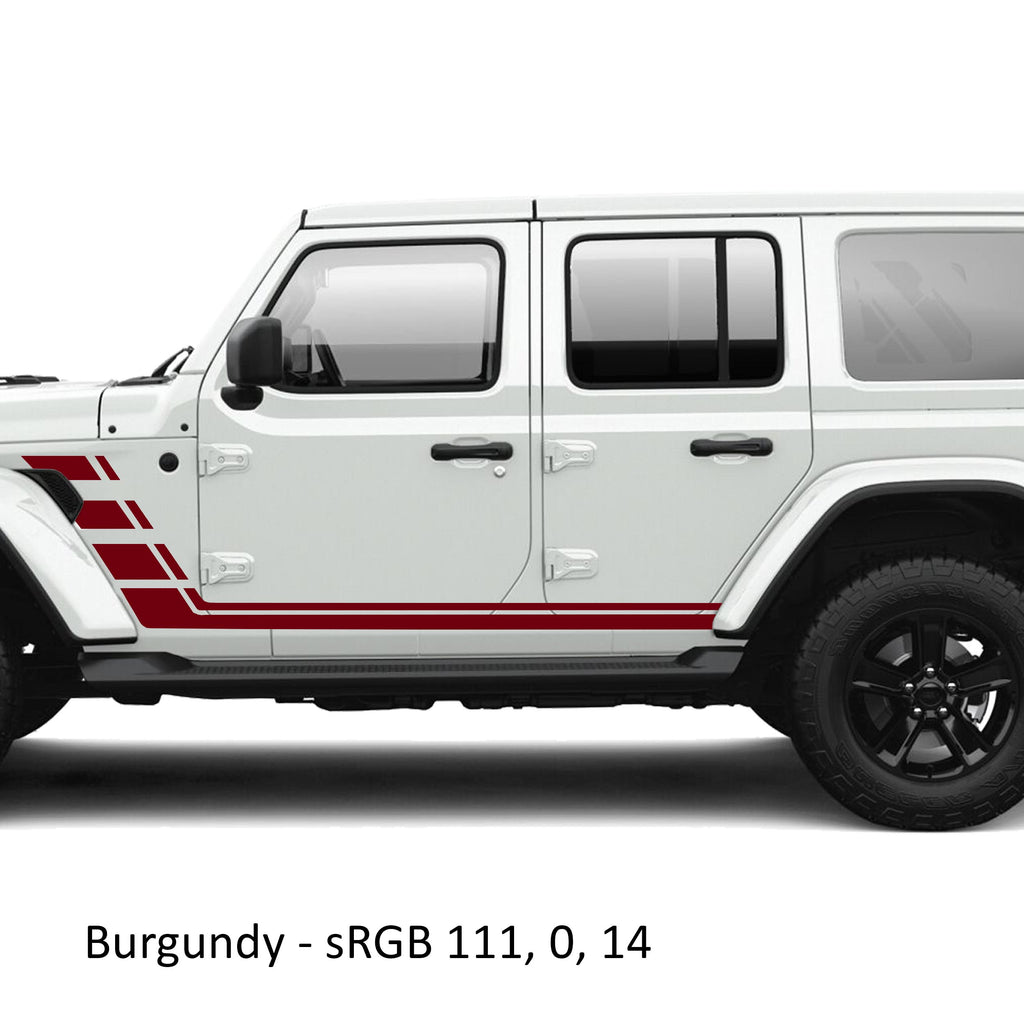 Burgundy geometric double body line stripe vinyl decal kit on a white Jeep Wrangler JLU door panel