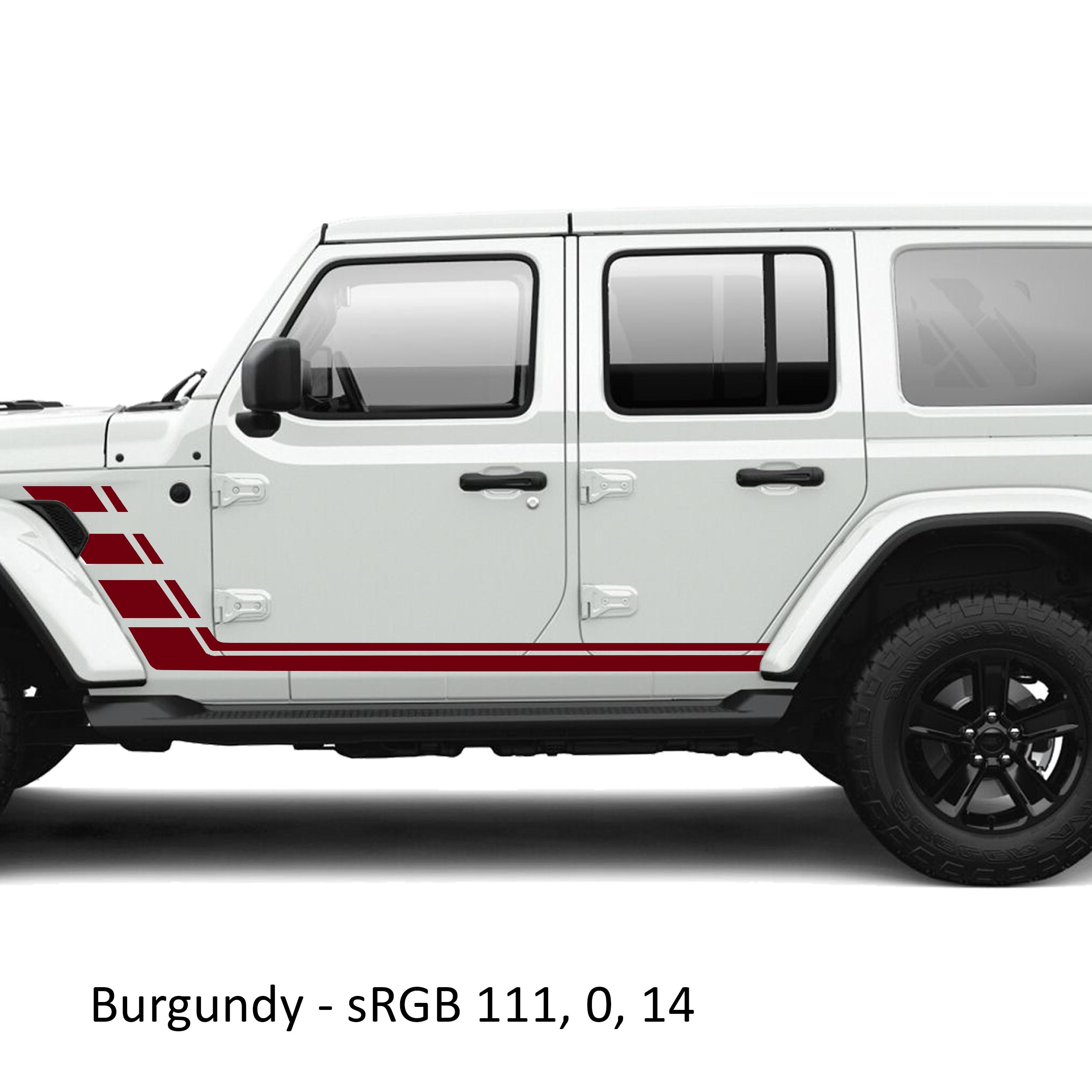Burgundy geometric double body line stripe vinyl decal kit on a white Jeep Wrangler JLU door panel