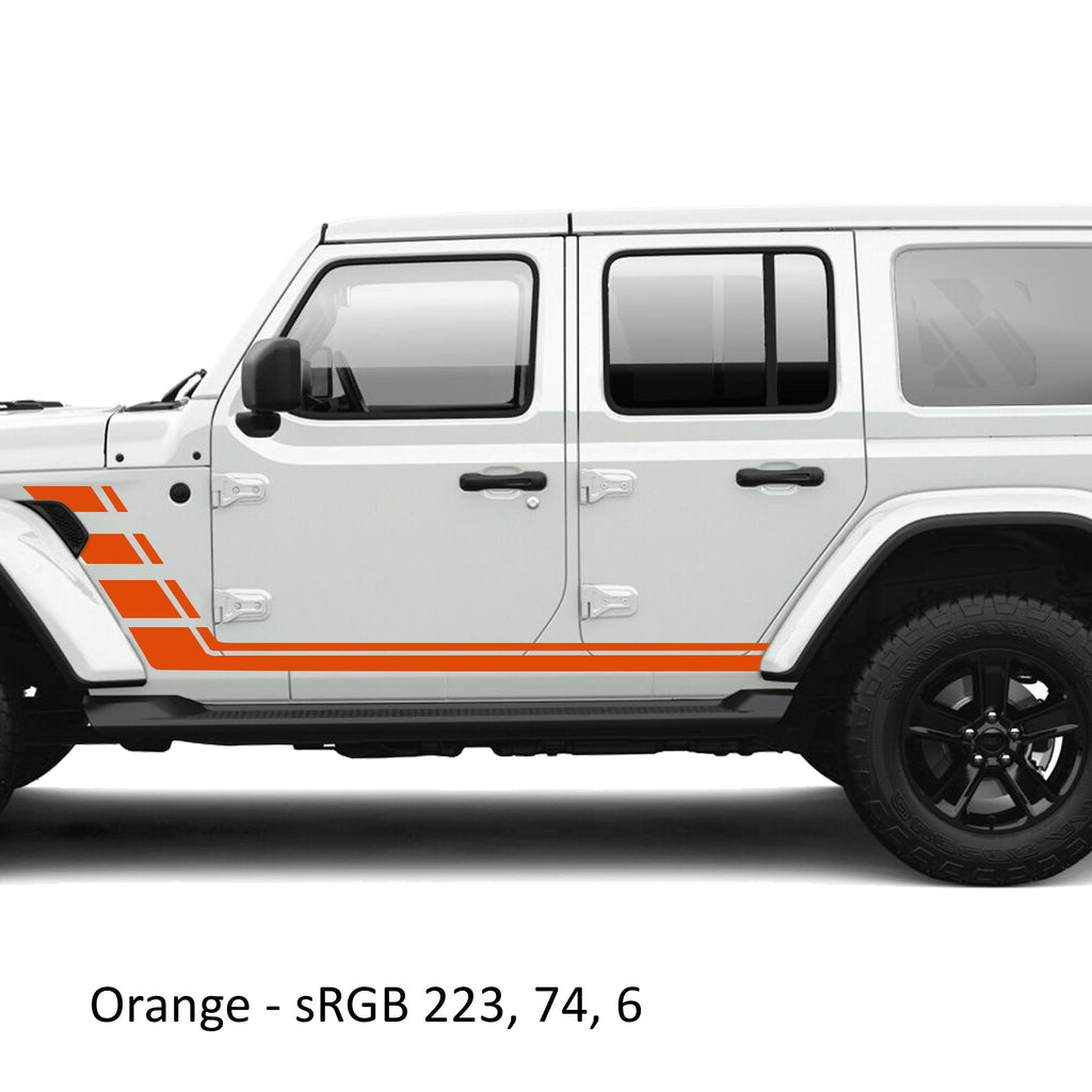 Orange geometric double body line stripe vinyl decal kit installed on a white Jeep Wrangler JLU door panel