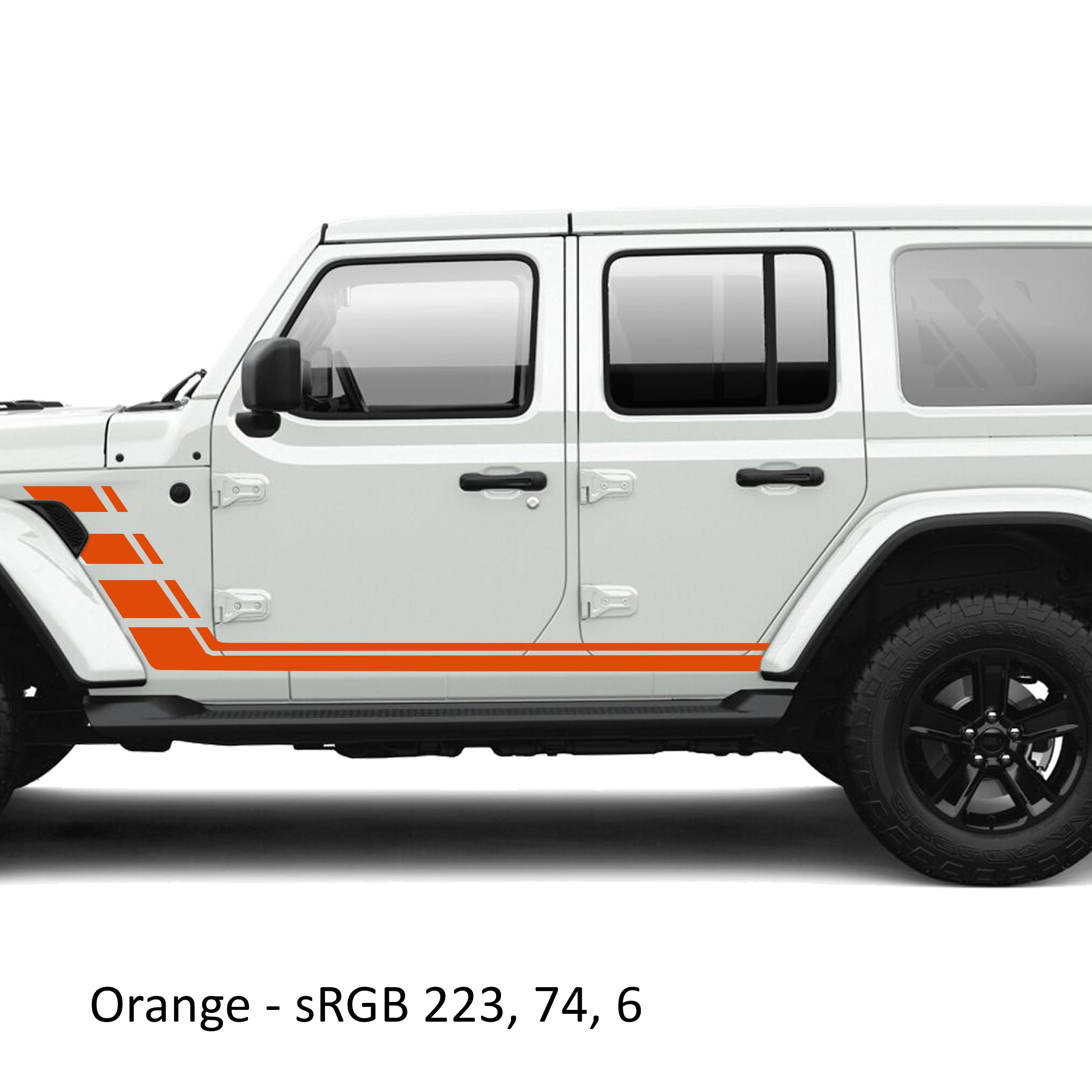 Orange geometric double body line stripe vinyl decal kit installed on a white Jeep Wrangler JLU door panel