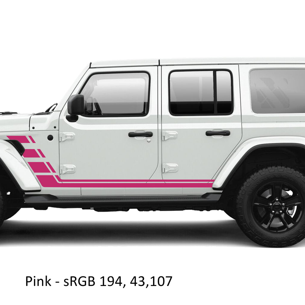 Pink geometric double body line stripe vinyl decal kit installed on a white Jeep Wrangler JLU door panel