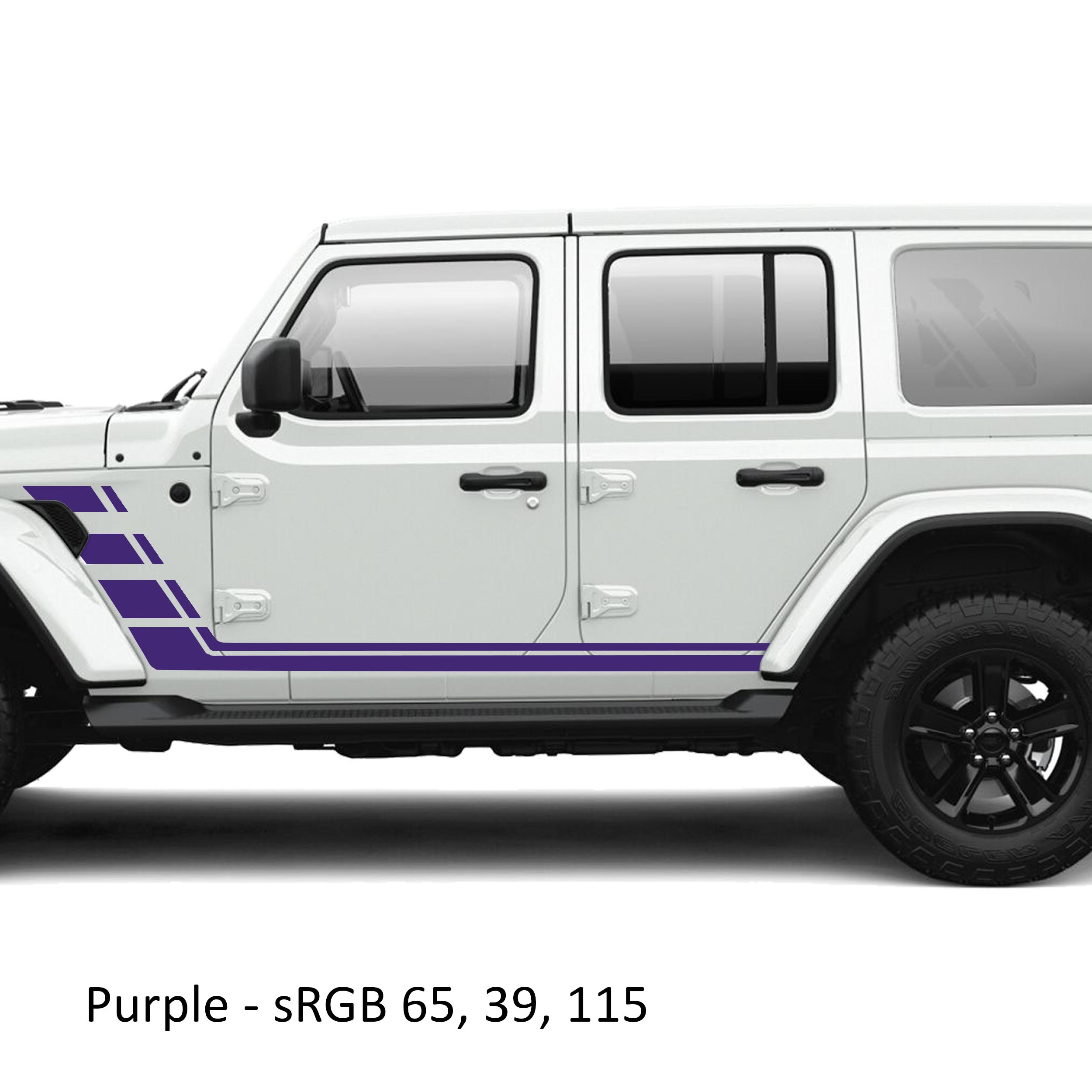 Purple geometric double body line stripe vinyl decal kit installed on a white Jeep Wrangler JLU door panel