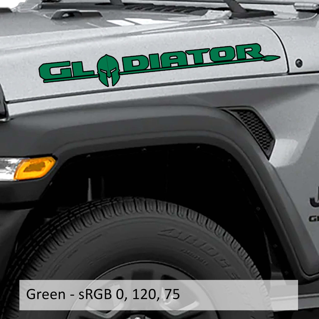 Hood Lettering Decals Fits JT Gladiator - Outlined Gladiator Lettering w/ Spartan Helmet Vinyl Decal