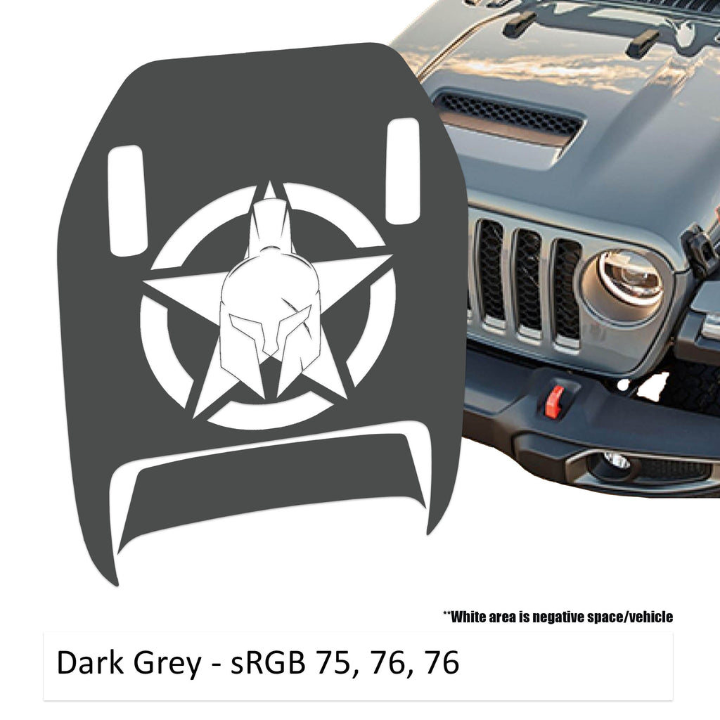 Dark gray Gladiator Star Clawed Foot JL JT Mojave hood decal on Jeep Wrangler hood panel