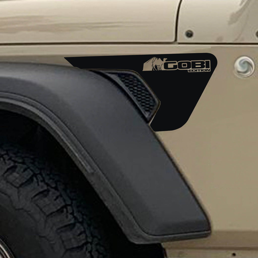 Black Gobi Edition fender vent decal installed on silver Jeep Wrangler JL Gladiator billet vent