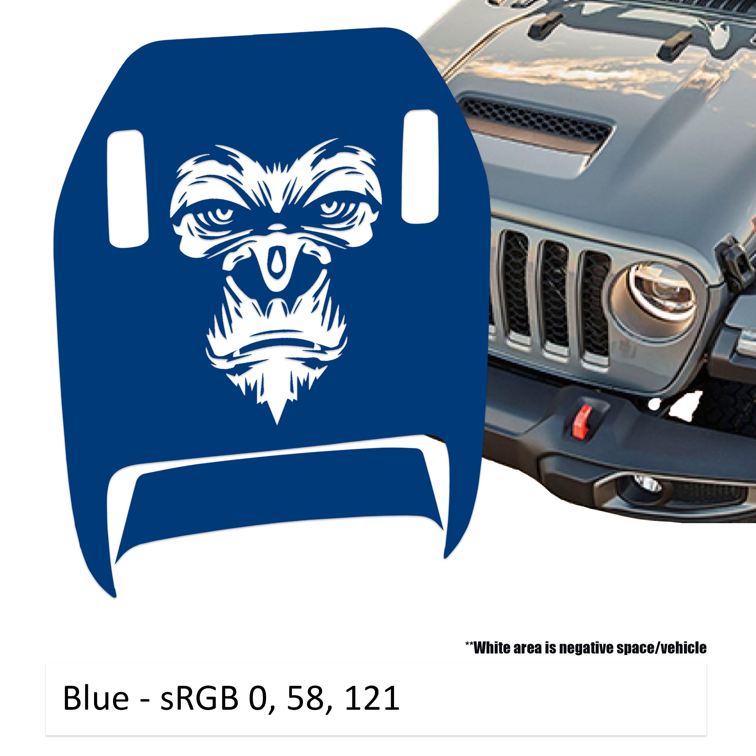 Blue gorilla face clawed foot hood decal mock-up next to silver Jeep Wrangler JL grille