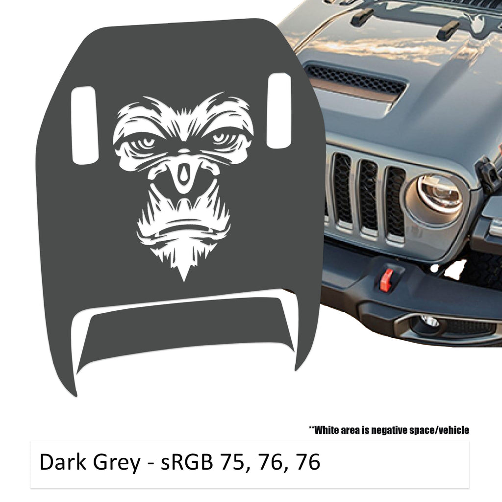 Dark gray gorilla face clawed foot hood decal mock-up next to silver Jeep Wrangler grille