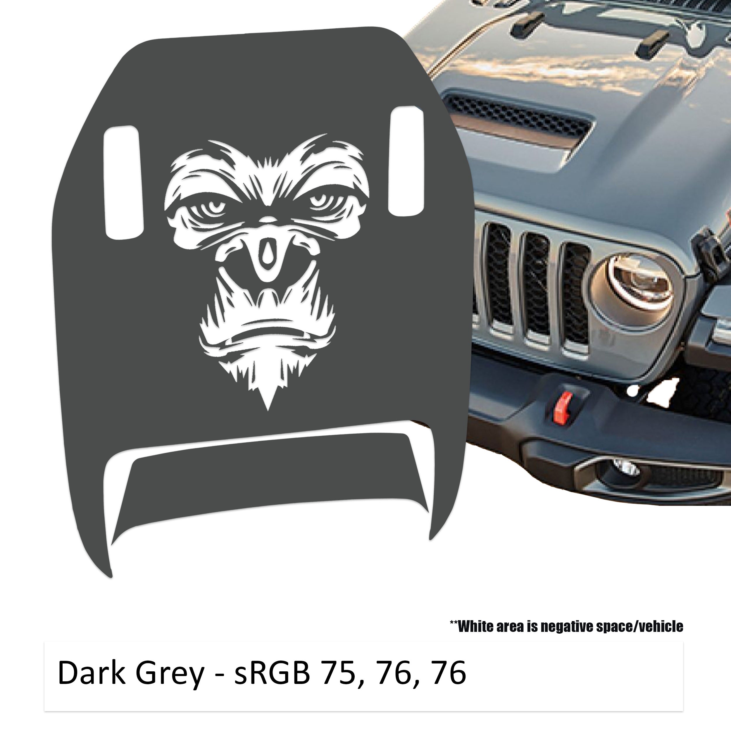 Dark gray gorilla face clawed foot hood decal mock-up next to silver Jeep Wrangler grille