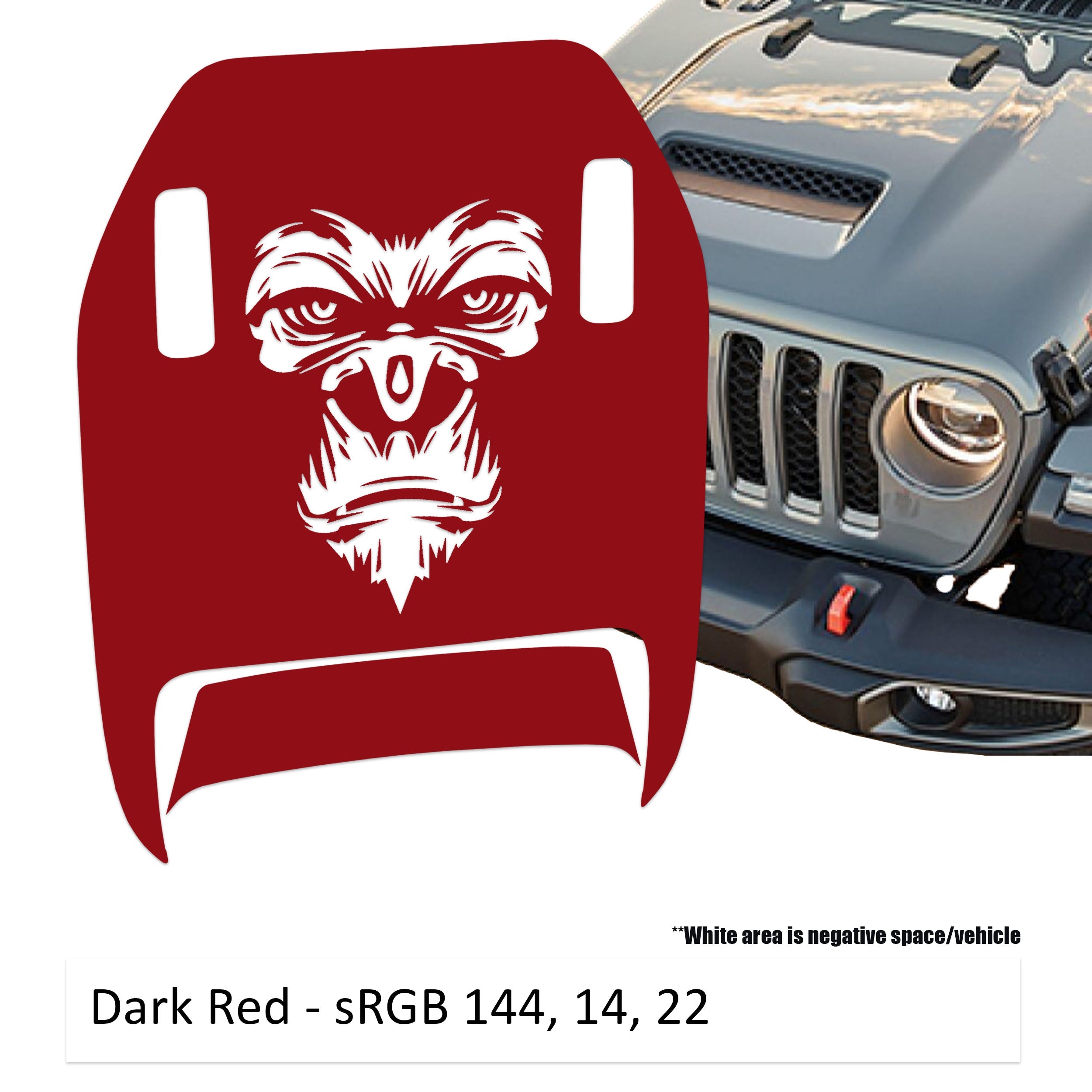 Dark red gorilla face clawed foot hood decal mock-up next to silver Jeep Wrangler JL grille