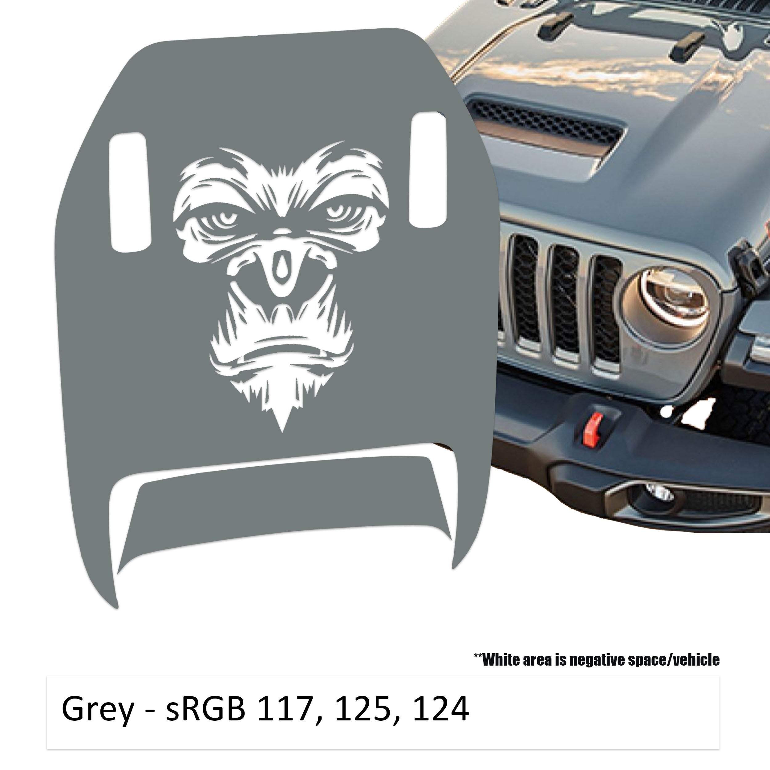 Gray gorilla face clawed foot hood decal mock-up next to silver Jeep Wrangler JL grille