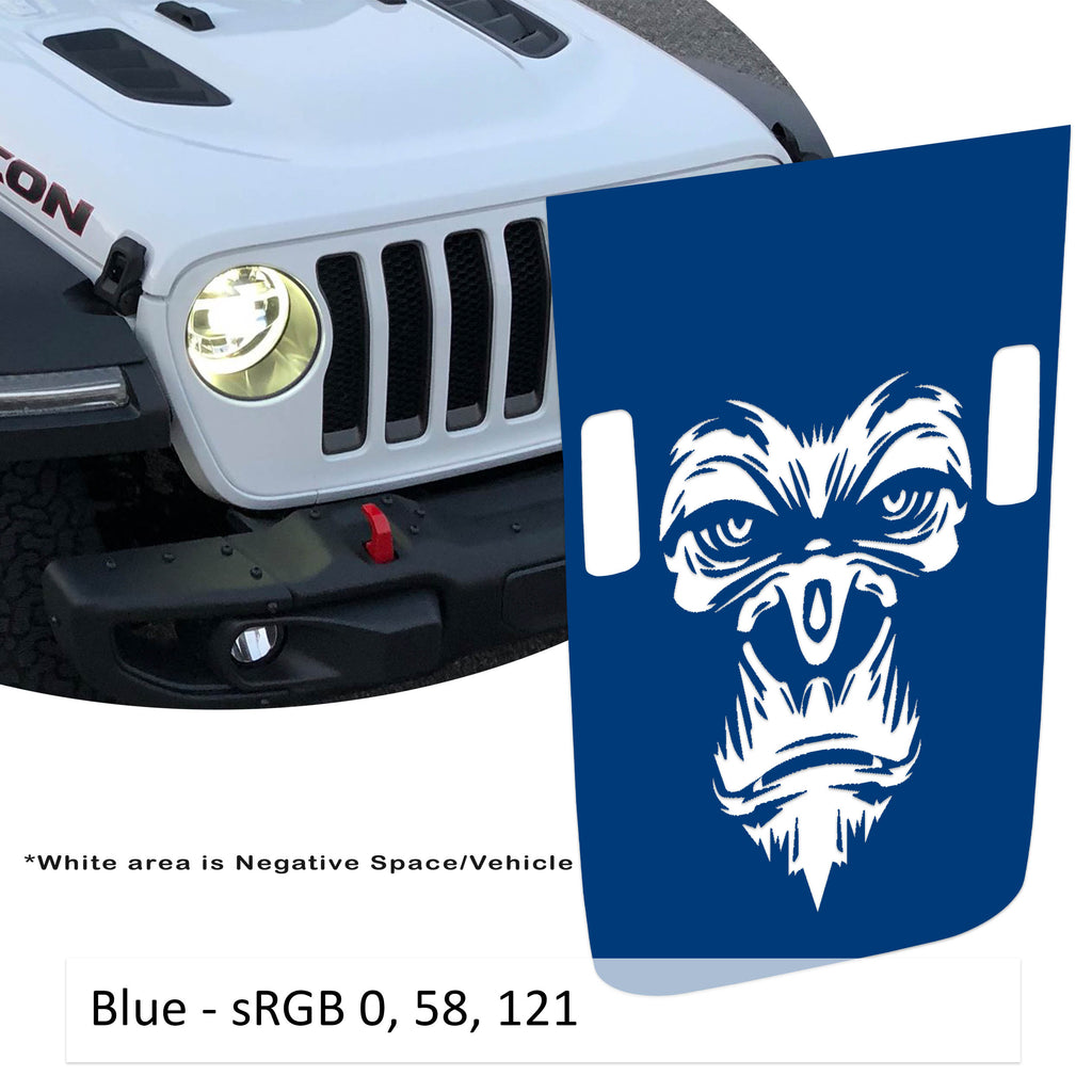 Blue Gorilla Monkey Face Power-Dome blackout hood decal for Jeep Wrangler JL Gladiator JT