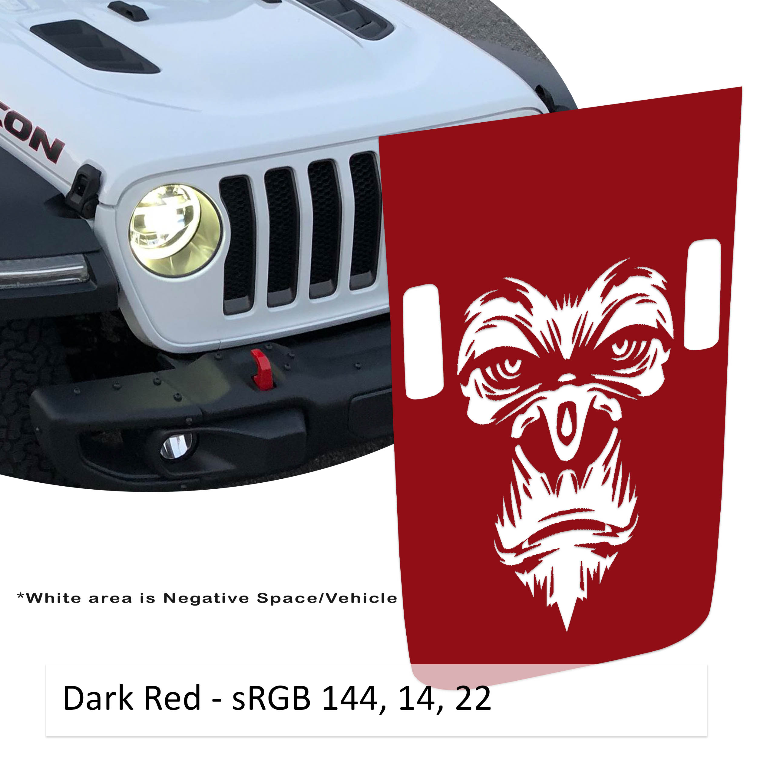 Dark red Gorilla Monkey Power-Dome blackout hood decal for Jeep Wrangler JL Gladiator JT