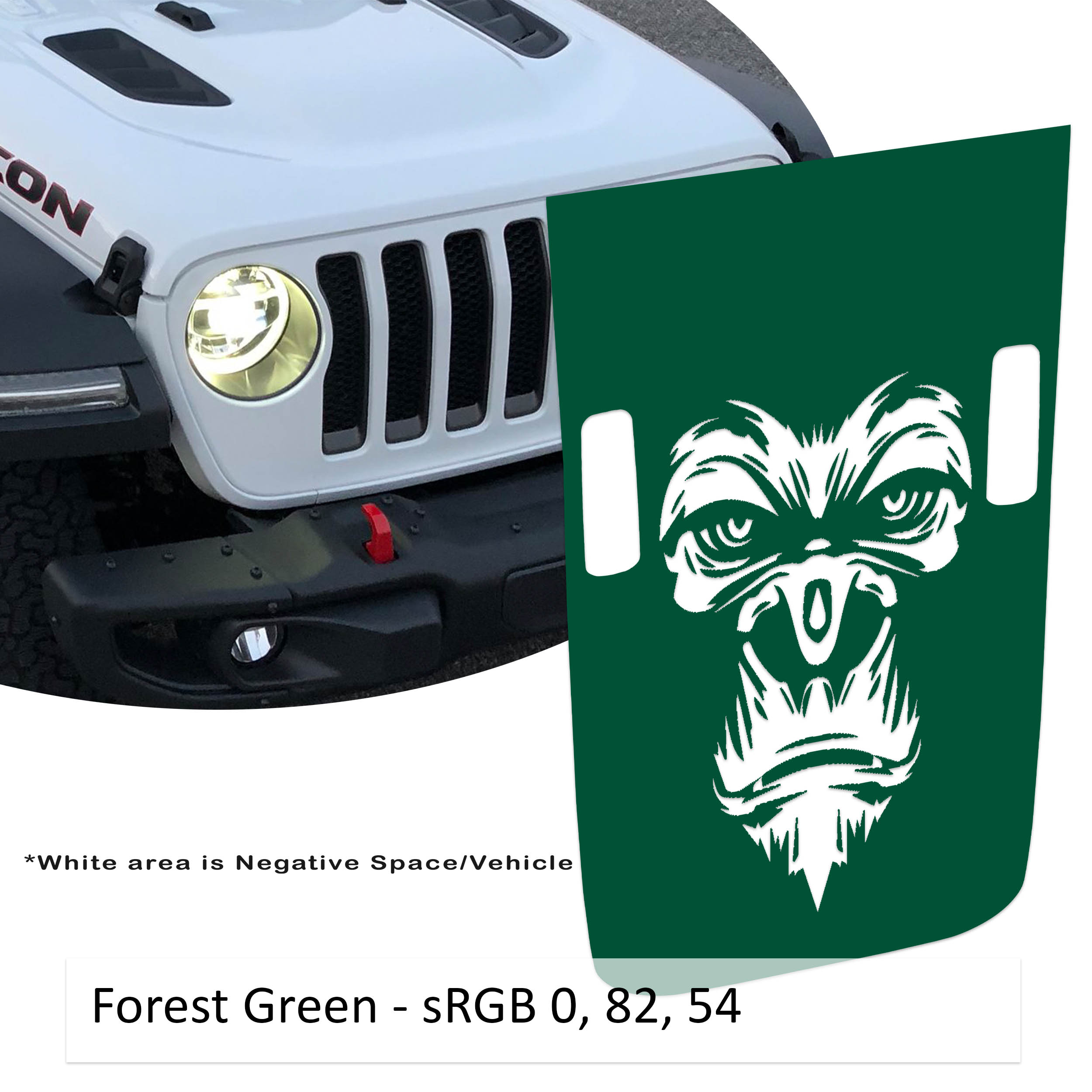 Forest green Gorilla Monkey Power-Dome blackout hood decal for Jeep Wrangler JL Gladiator JT