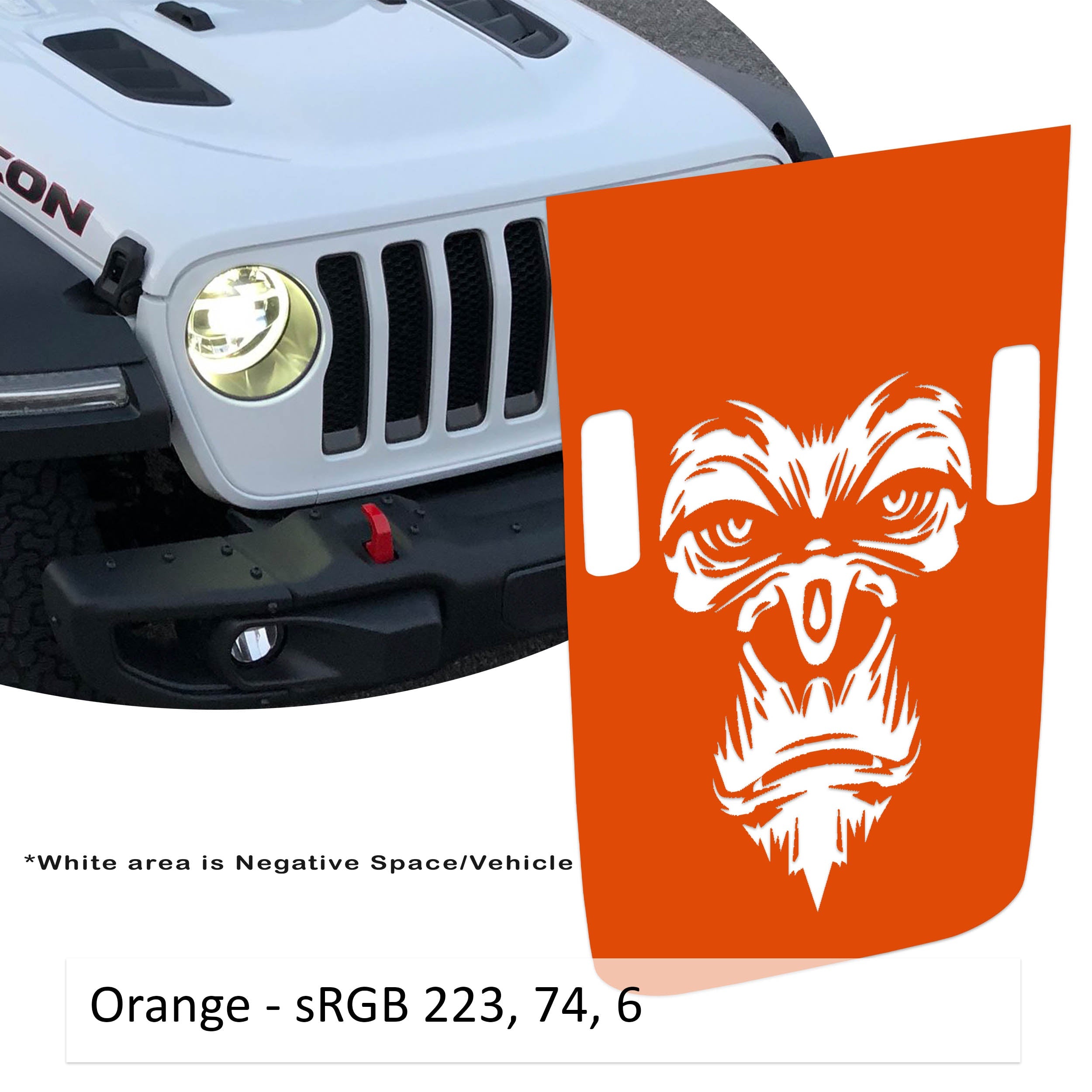 Orange Gorilla Monkey Face Power-Dome blackout hood decal for Jeep Wrangler JL Gladiator JT