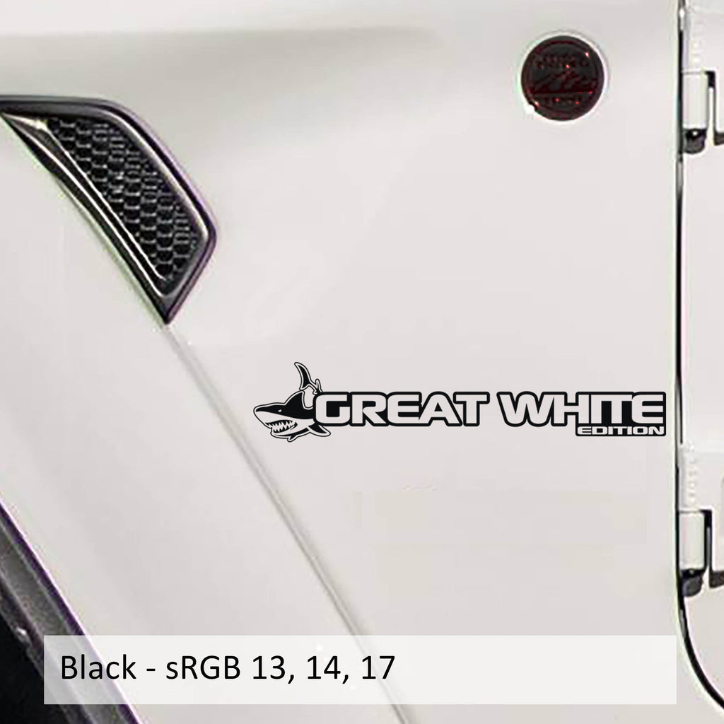 Great White Edition Wrangler JL Gladiator JT fender decal pair pictured in matte black vinyl swatch