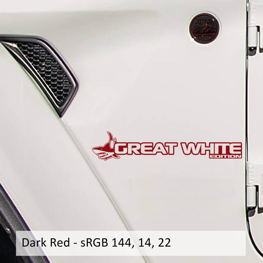 Great White Edition Wrangler JL Gladiator JT fender decal pair pictured in dark red vinyl swatch