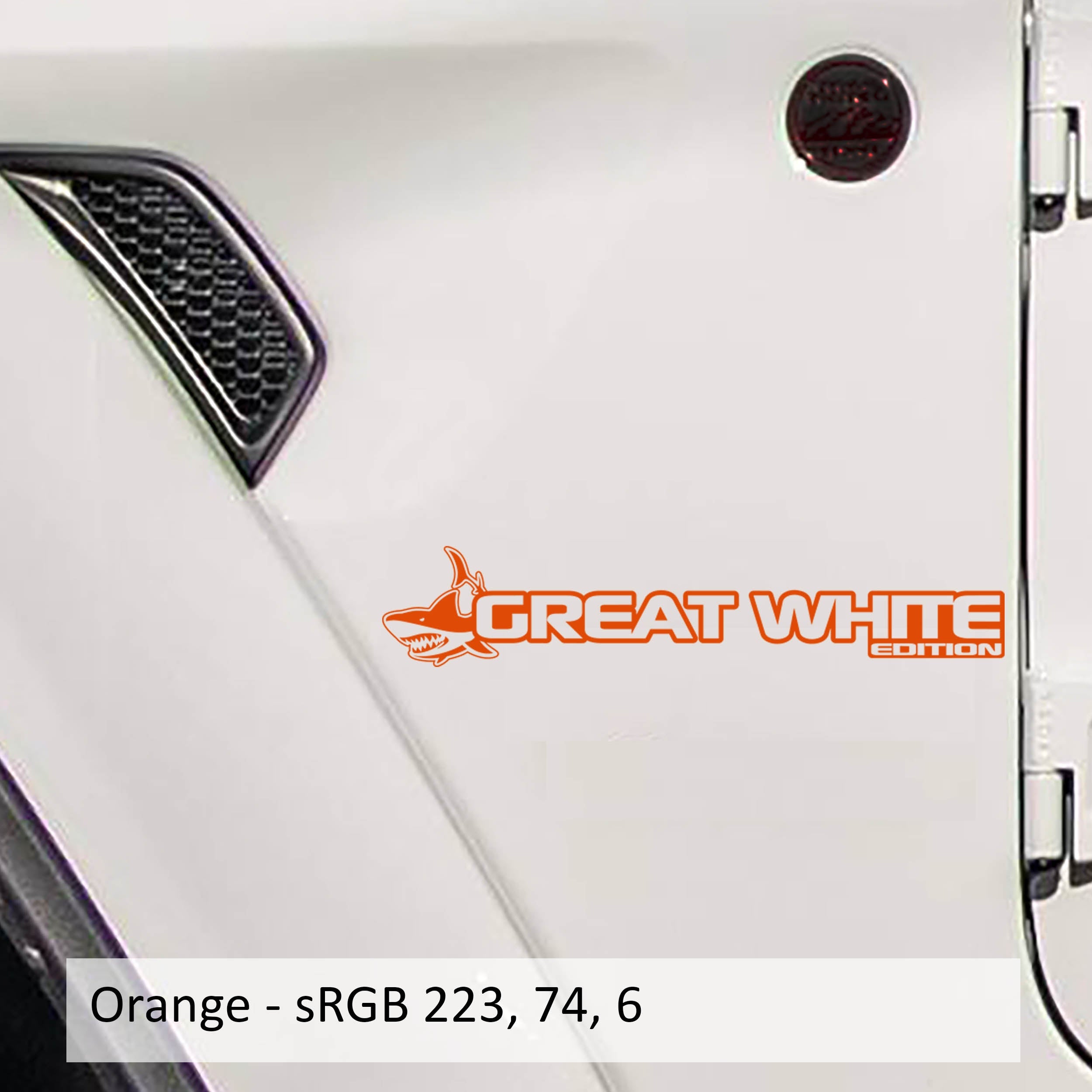 Great White Edition Wrangler JL Gladiator JT fender decal pair pictured in bright orange vinyl swatch