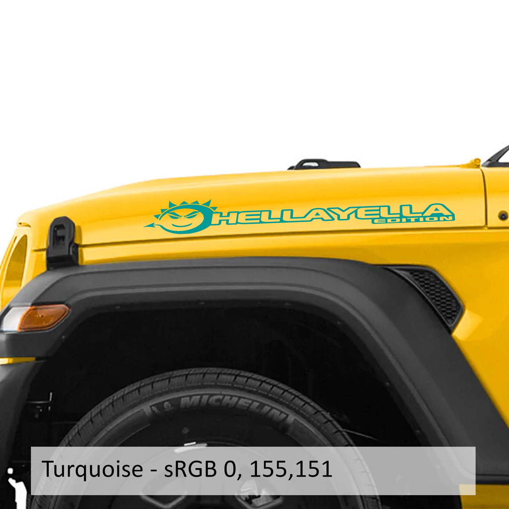 Turquoise Hella Yella Edition Jeep side hood decal pair shown on transparent transfer sheet preview