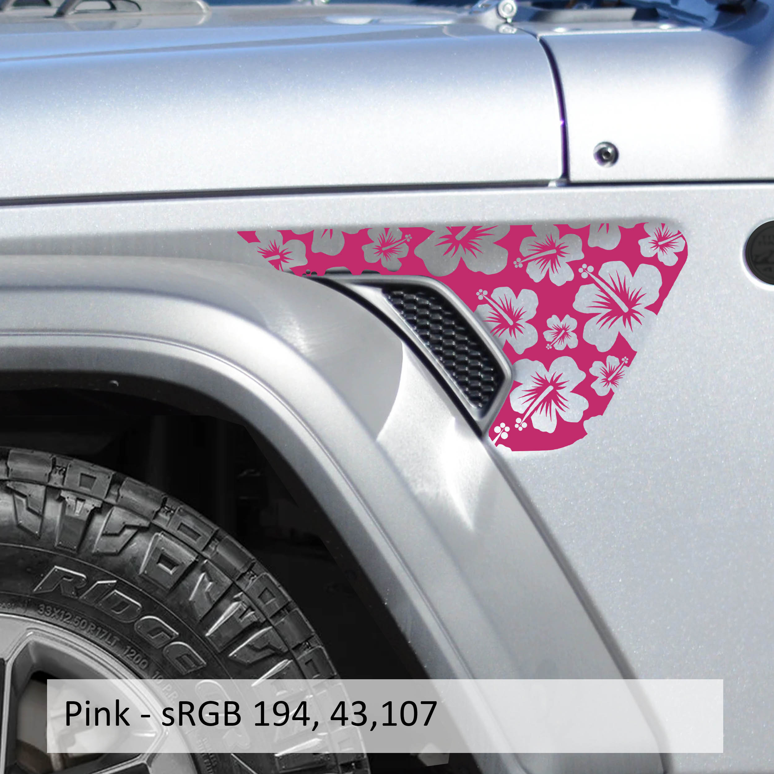 Pink hibiscus flower fender vent vinyl decal mounted on JL JT billet vent panel detail view