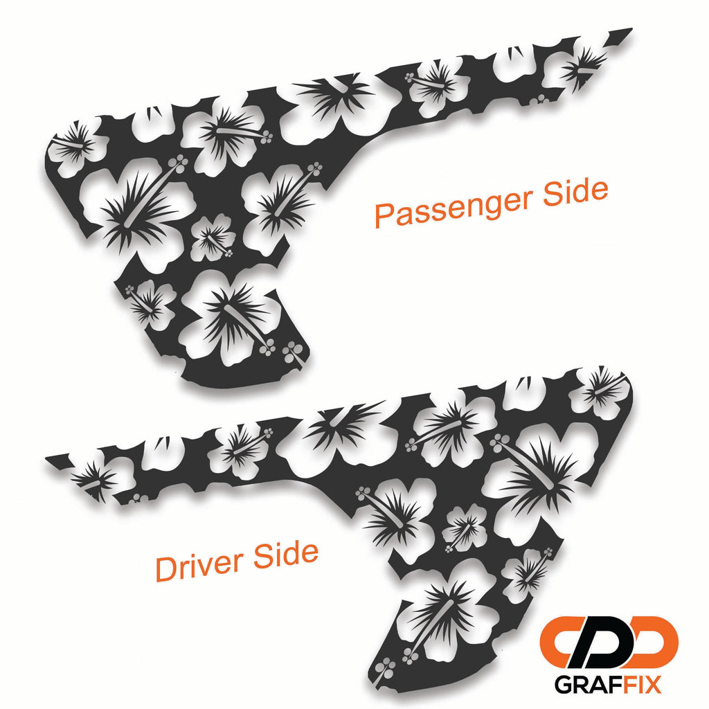Hawaiian hibiscus flower fender vent decal applied to billet vent panel close-up product view