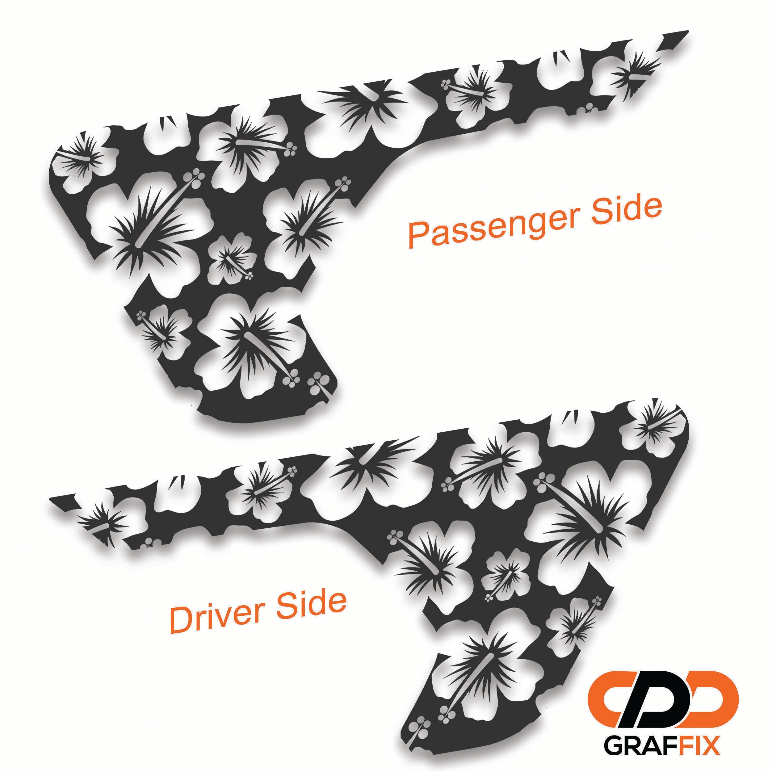 Hawaiian hibiscus flower fender vent decal applied to billet vent panel close-up product view