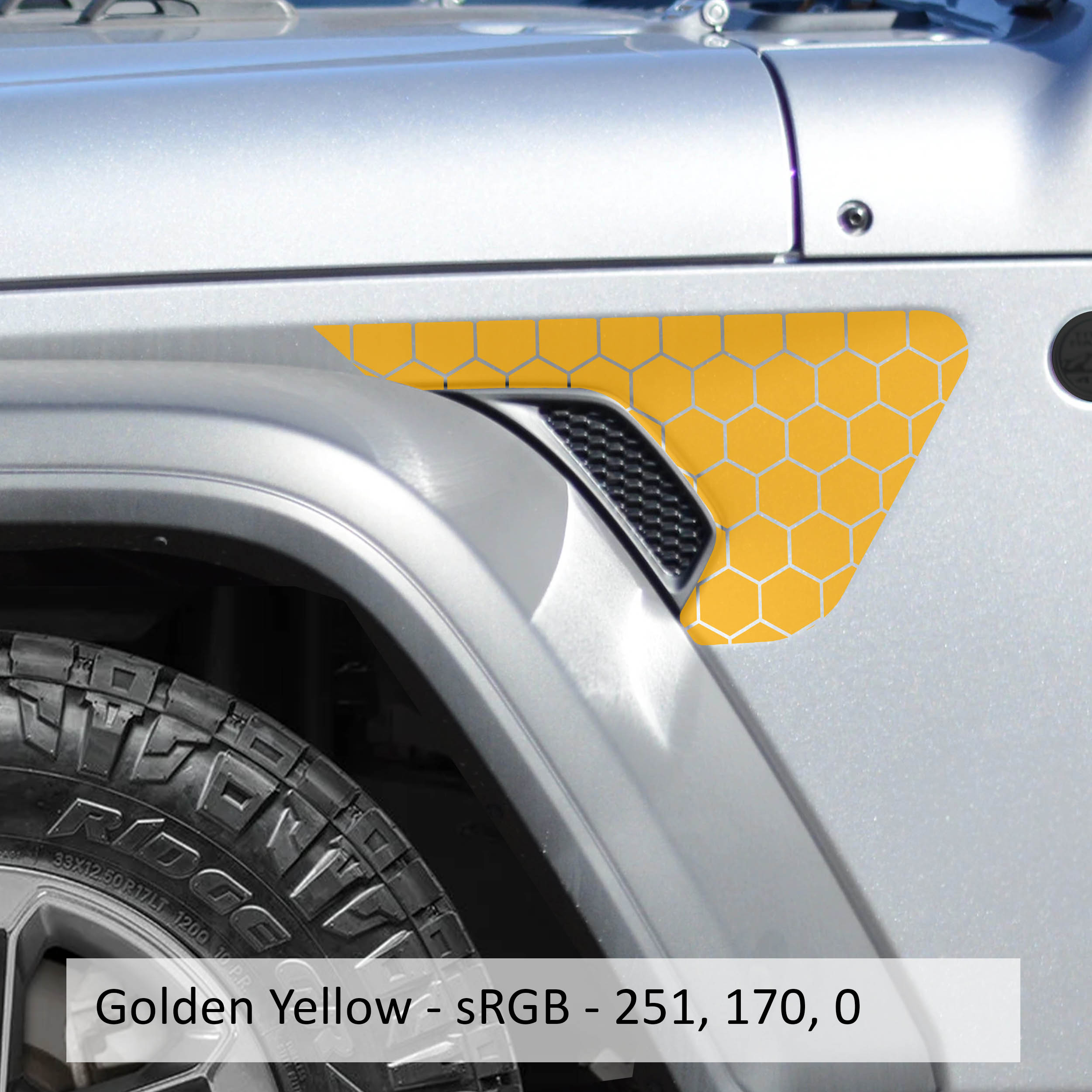 Gold yellow honeycomb hex mesh billet fender vent transfer decal on JL Wrangler fender vent