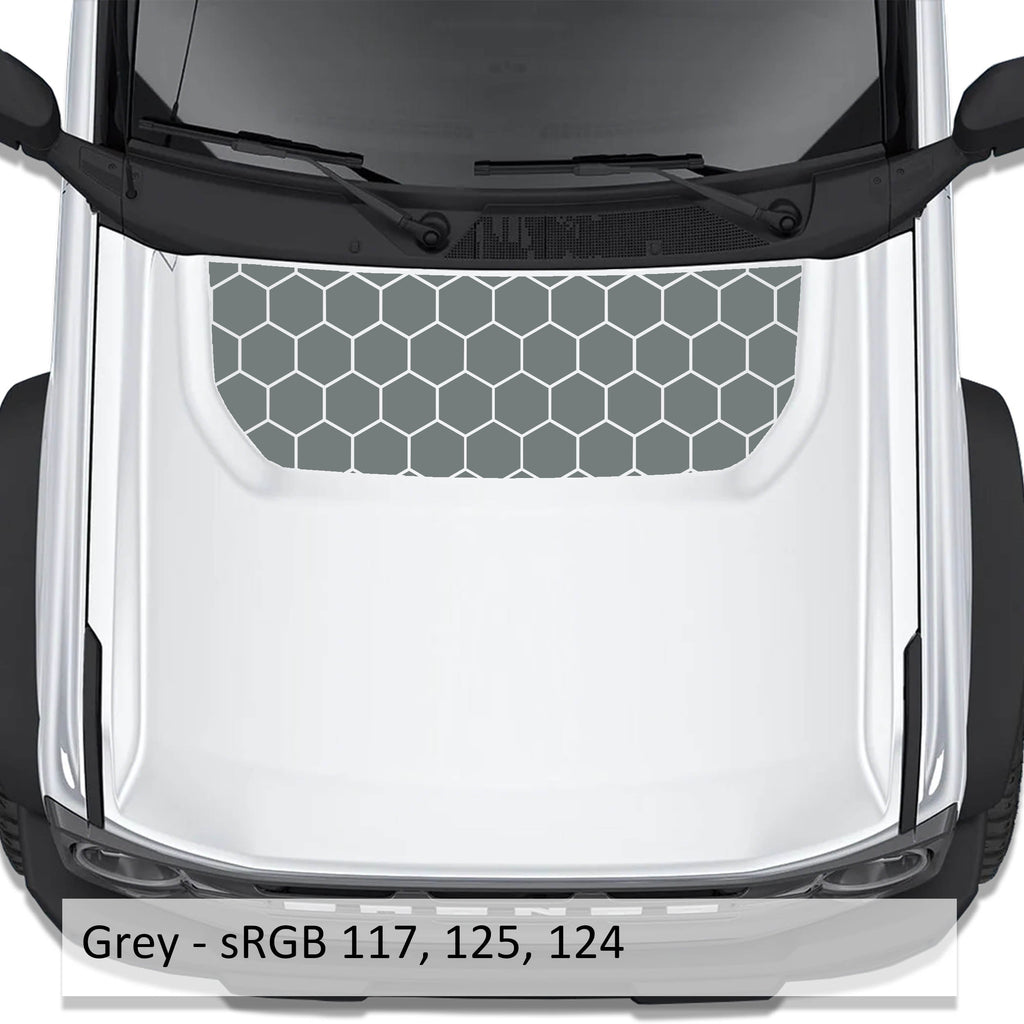 Honeycomb Hex Mesh blackout hood vinyl decal in gray shown installed on the hood of a 2021+ Ford Bronco
