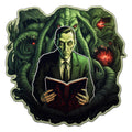 HP Lovecraft Cthulhu Mythos sticker with red-eyed tentacle beasts surrounding pale author holding red grimoire