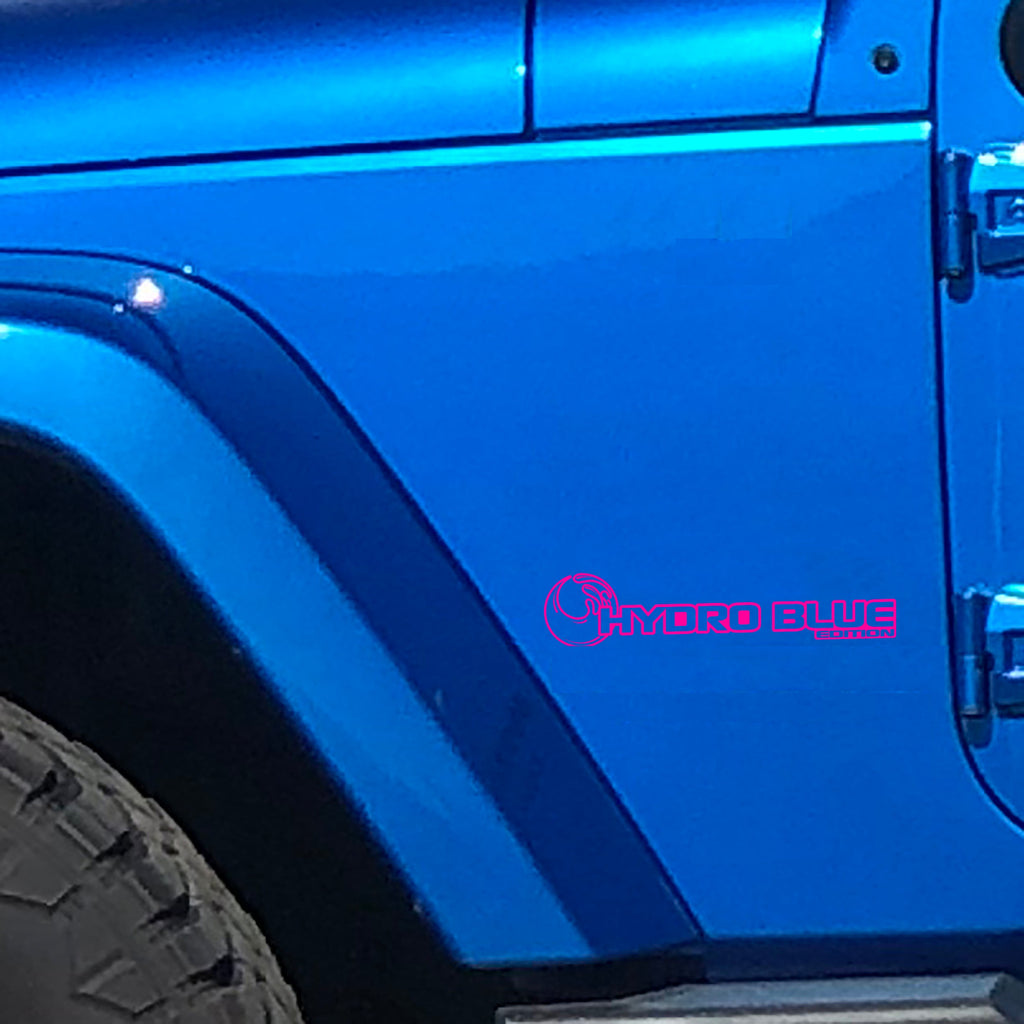 Pink Hydro Blue Edition wave fender decal pair shown on Jeep Wrangler JL Gladiator JT side hood