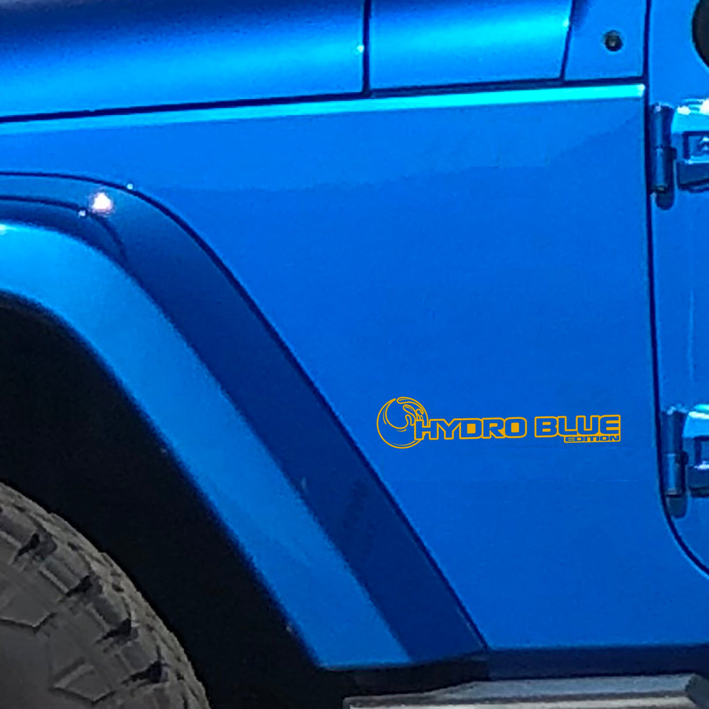 Silver yellow Hydro Blue Edition wave fender decal pair on Jeep Wrangler JL Gladiator JT side hood