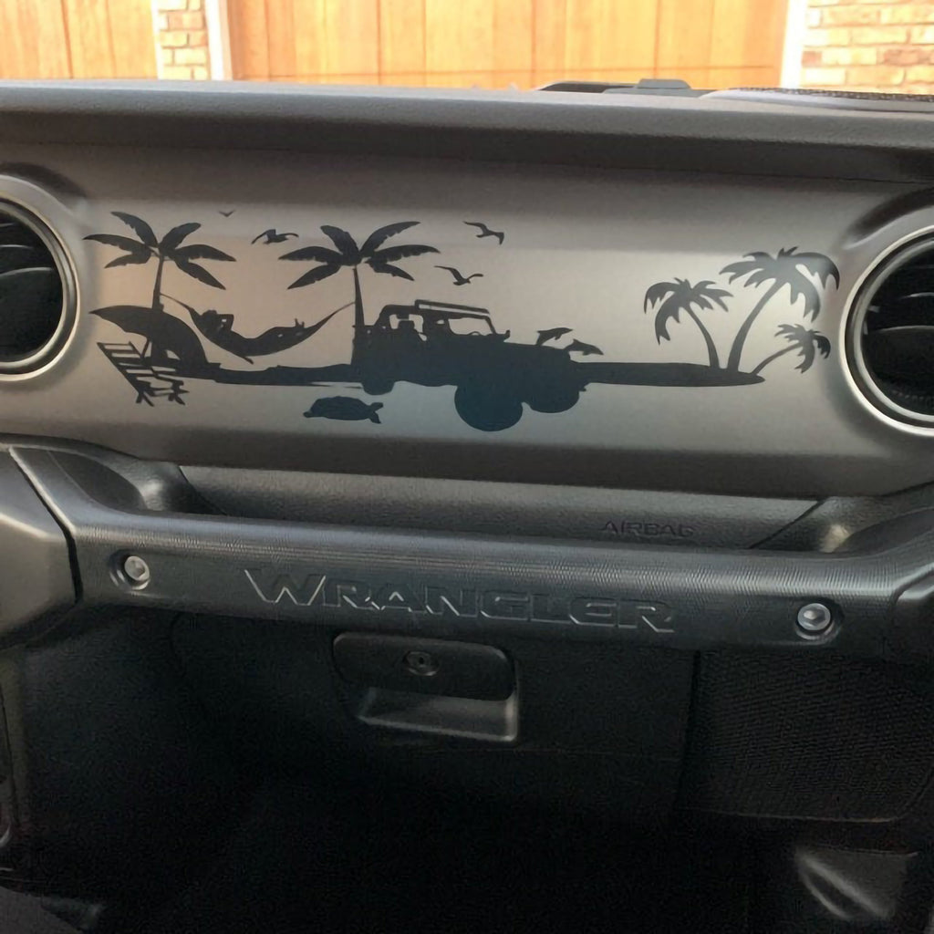 Beach scene Jeep Wrangler JL dashboard decal installed, palms hammock surf Jeep silhouette art
