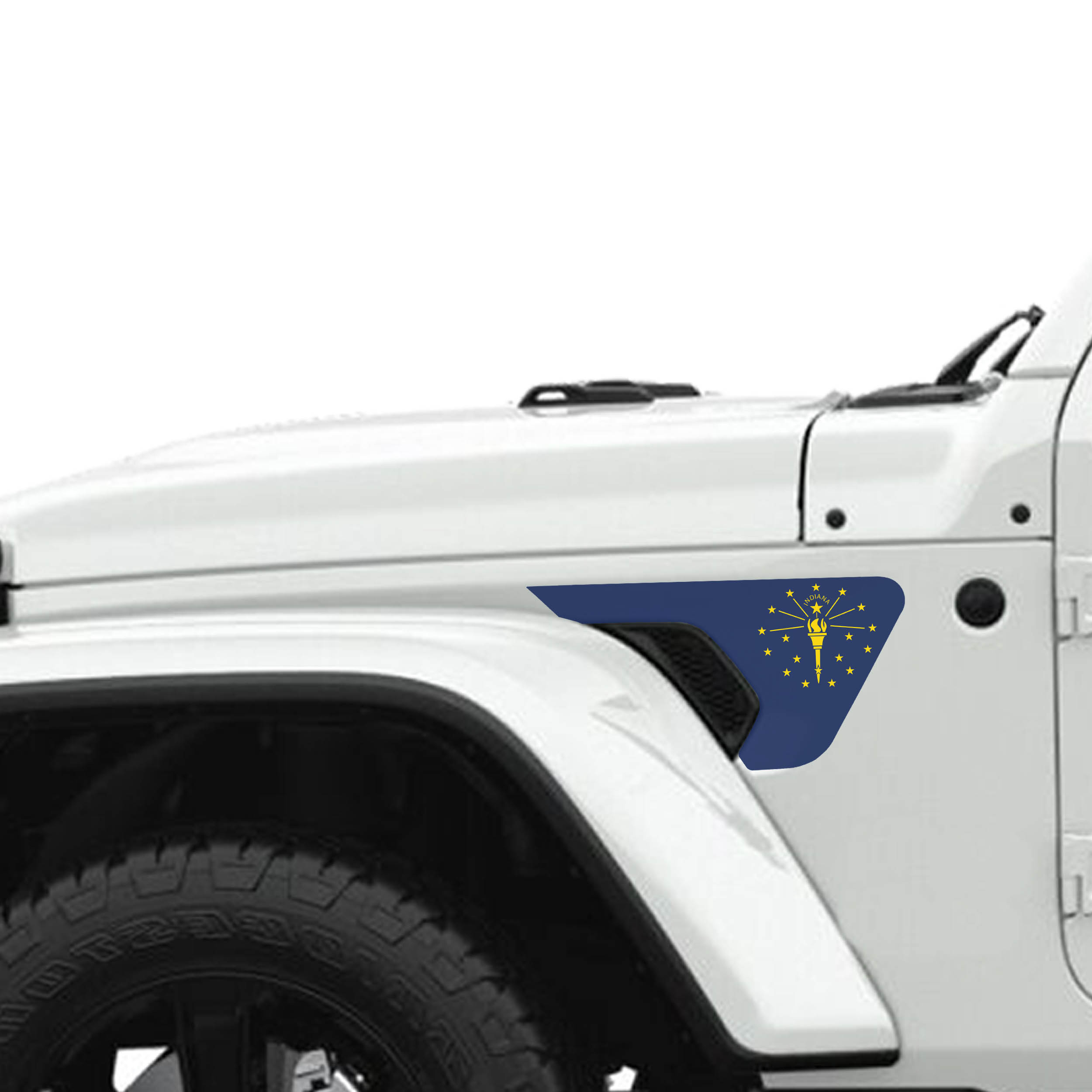 Indiana flag color fender vent vinyl decal mounted on JL JT black billet vent panel detail