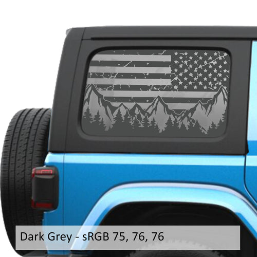 Dark grey American flag mountain trees window decal installed on Jeep Wrangler JLU 2018 plus