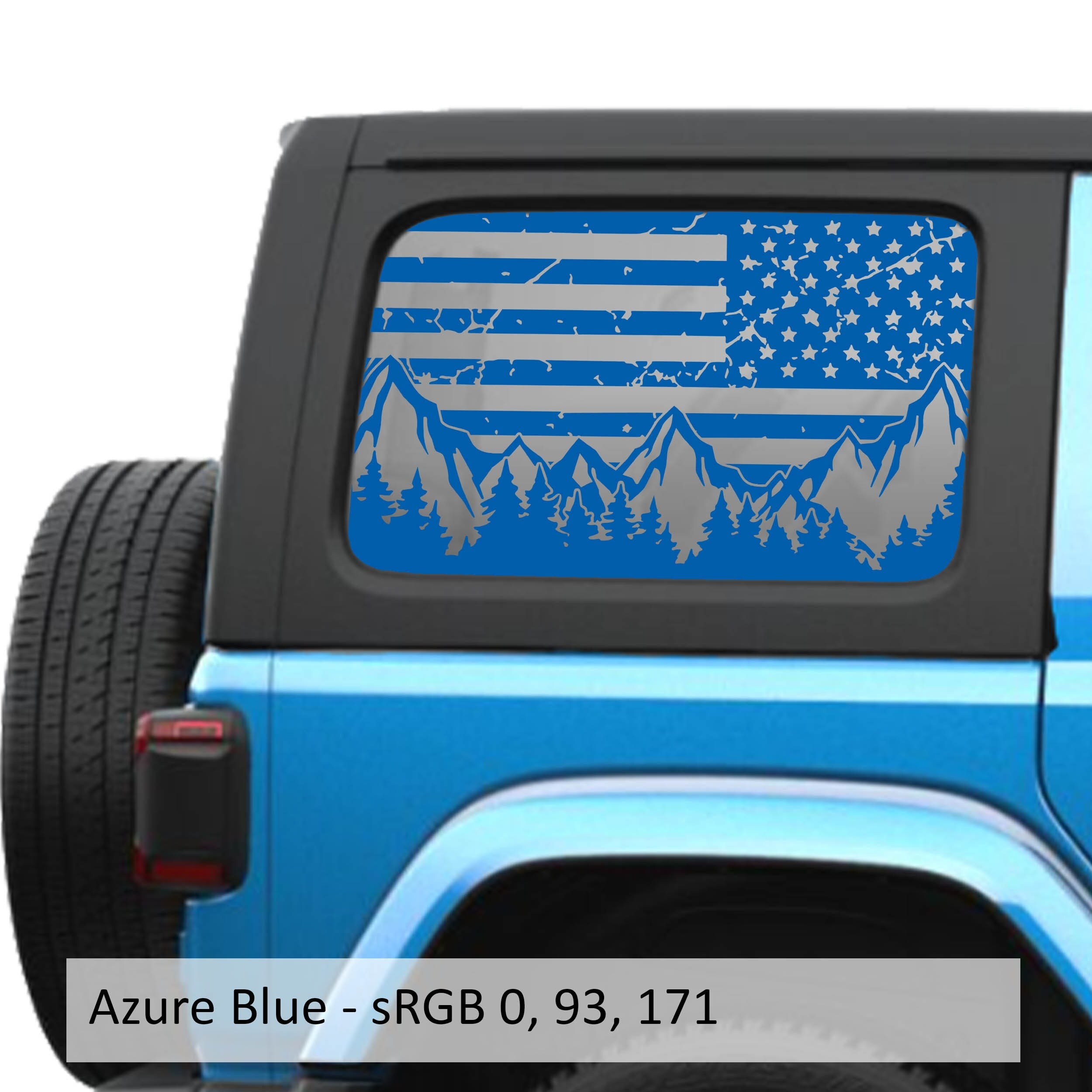 Azure blue American flag mountain trees window decal on Jeep Wrangler JLU 2018 plus with swatch