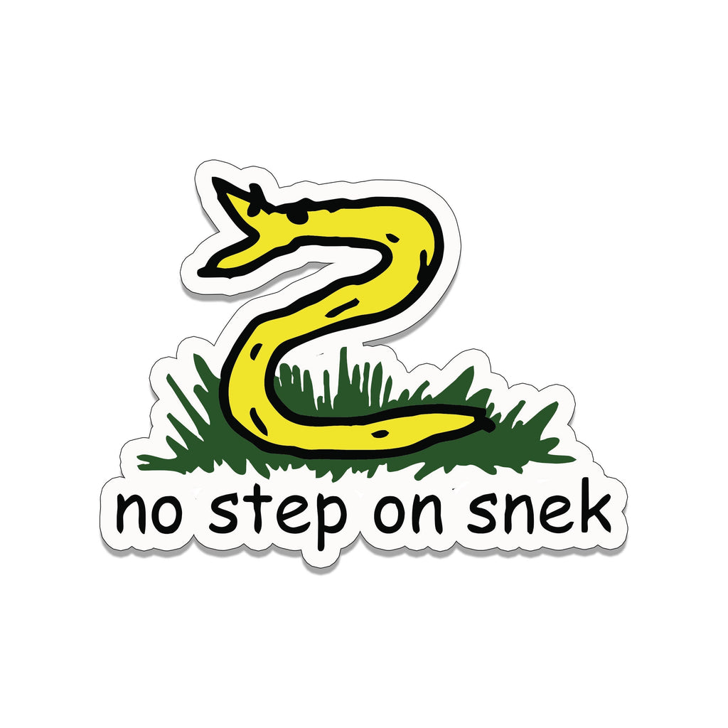 Yellow no step on snek meme sticker with cartoon snake on green grass and hand-drawn black bold text below