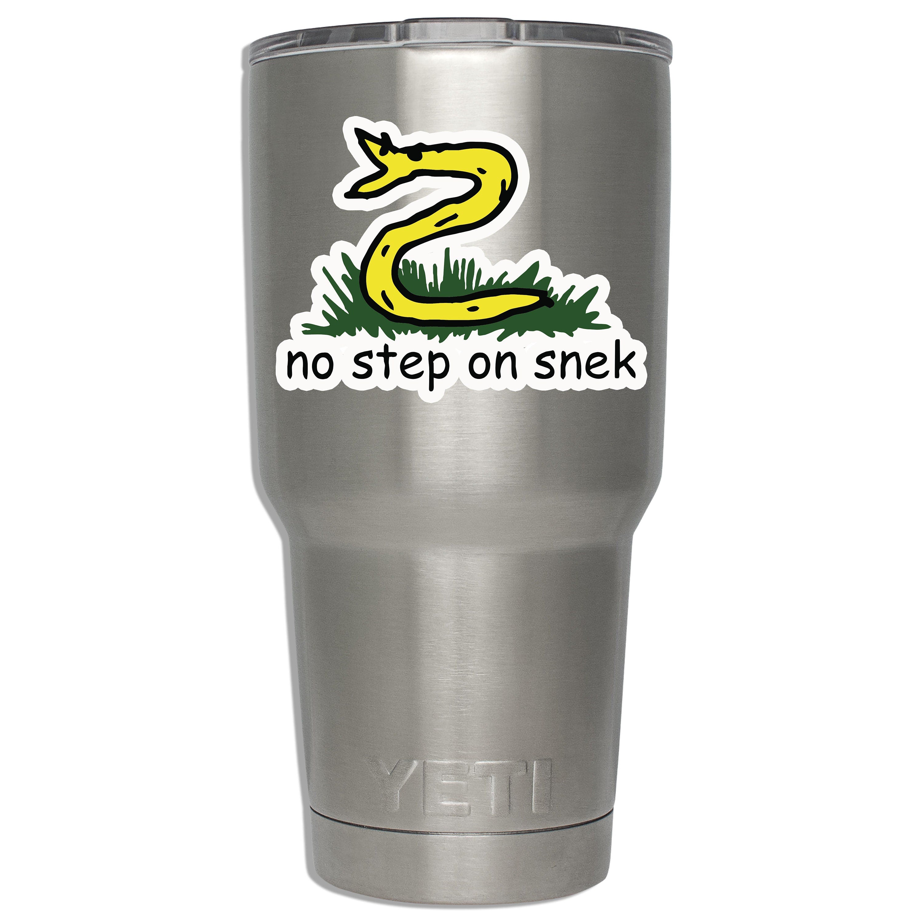 No step on snek snake decal mounted on a stainless YETI tumbler showing applied size on insulated drinkware