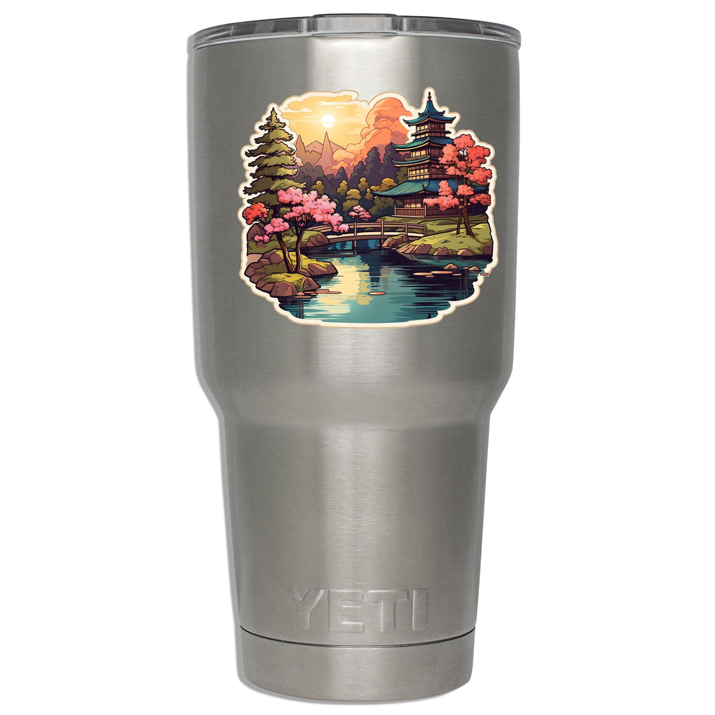 Japanese garden decal applied to a stainless YETI tumbler revealing the printed size on insulated drinkware