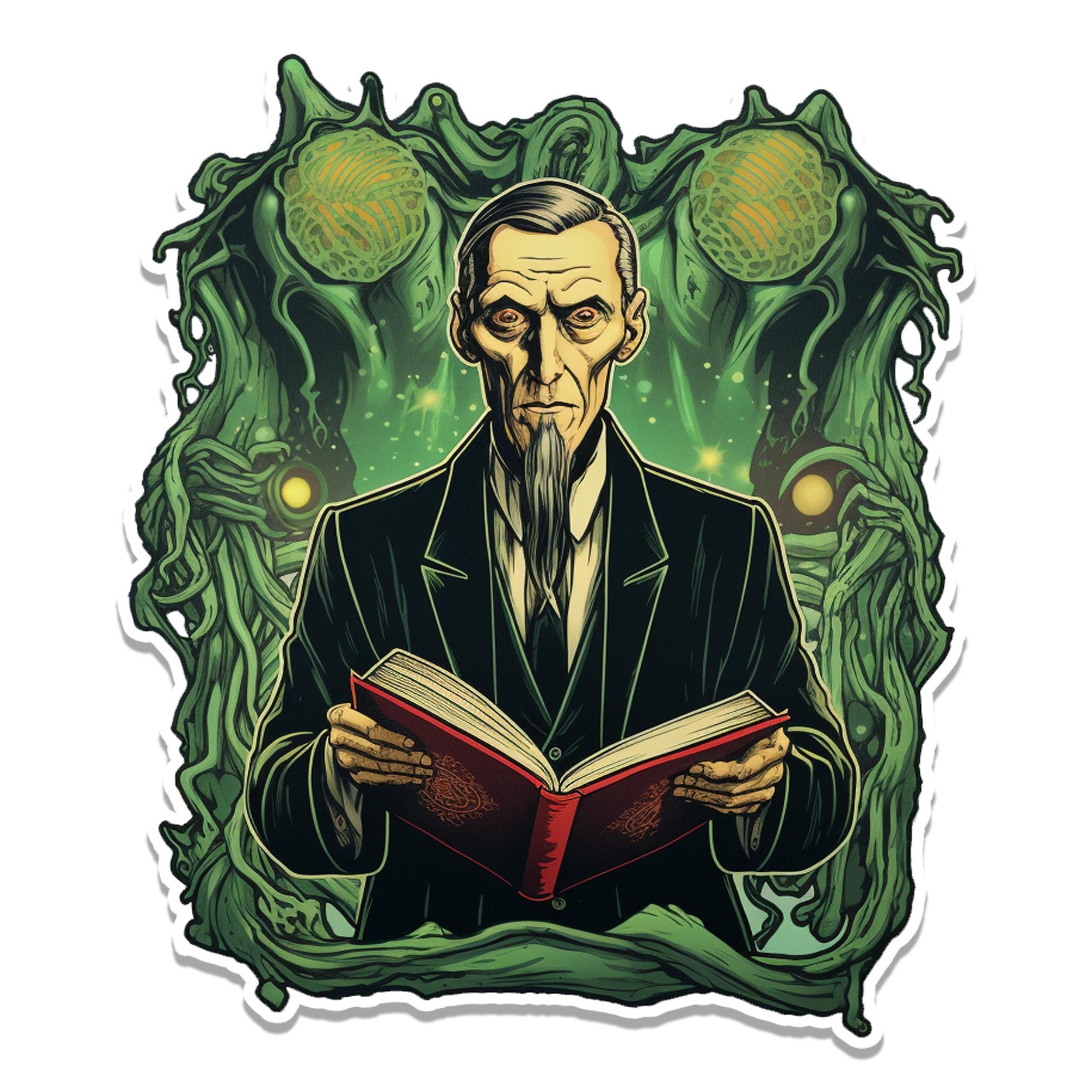 HP Lovecraft author sticker reading red book with green Cthulhu tendrils, glowing orbs, and pale skin tones