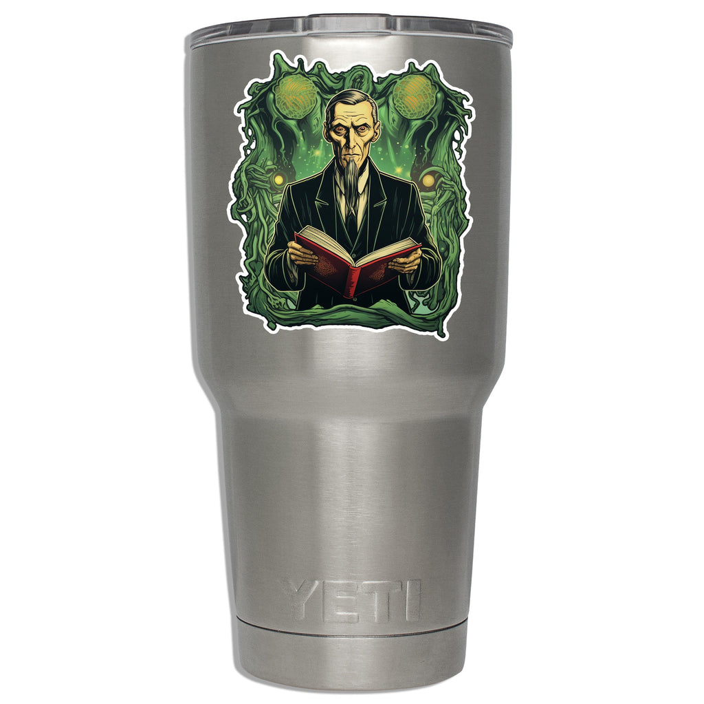 HP Lovecraft Cthulhu decal mounted on stainless YETI tumbler showing scale on insulated 30oz drinkware