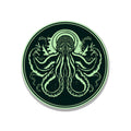 Minimalist Cthulhu sticker with mint green octopus silhouette in dark circular frame, two-tone art style